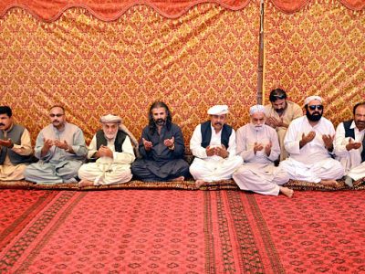 Quetta, Pakistan - April 27, 2016: Jamhoori Watan Party leader, Shahzain Bugti along with offer Fateha for the soul of JWP slain leader Nawab Talal Akbar Bugti during condolence meeting in connection first death anniversary held at his residency in Quetta.